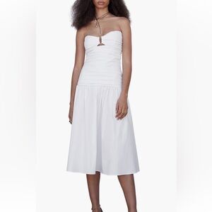 MANGO Strapless Cotton Blend Midi Dress White NWOT Sz 2